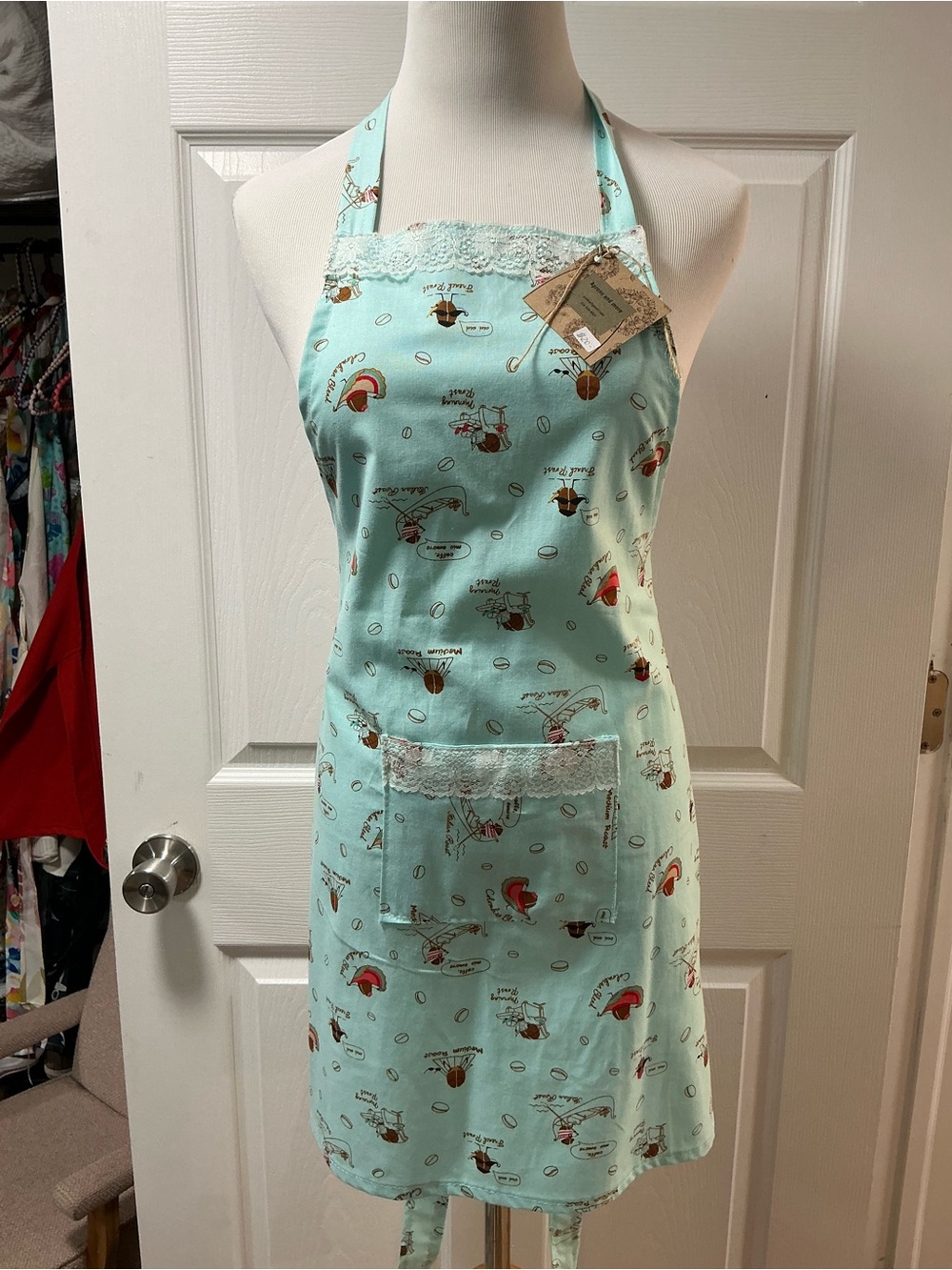 2006 - Mint Blue Women's Cotton Apron with Lace Trim